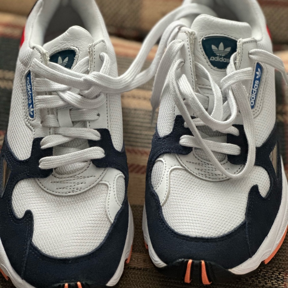 Adidas White and Navy Sneakers with Orange Accents. Excellent condition.
